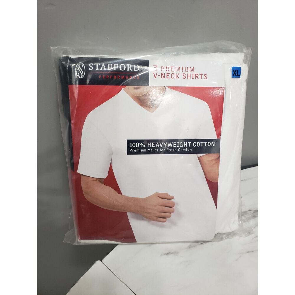 NEW Stafford 3-Pack‎ Men's Heavy Weight 100% Cotton V-Neck T-Shirt- White-XL
